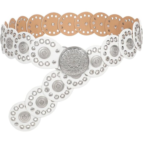 Women Vintage Disc Waist Concho Leather Belt Boho Waist Belt White Silver Buckle - Picture 1 of 7